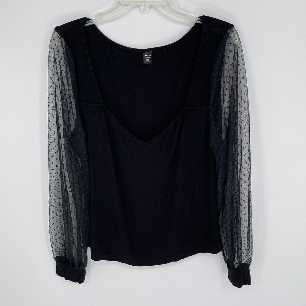 SHEIN Curve Women's Black Sheer Polka Dot Mesh Sleeve‎ Ribbed Knit Top Size 1XL